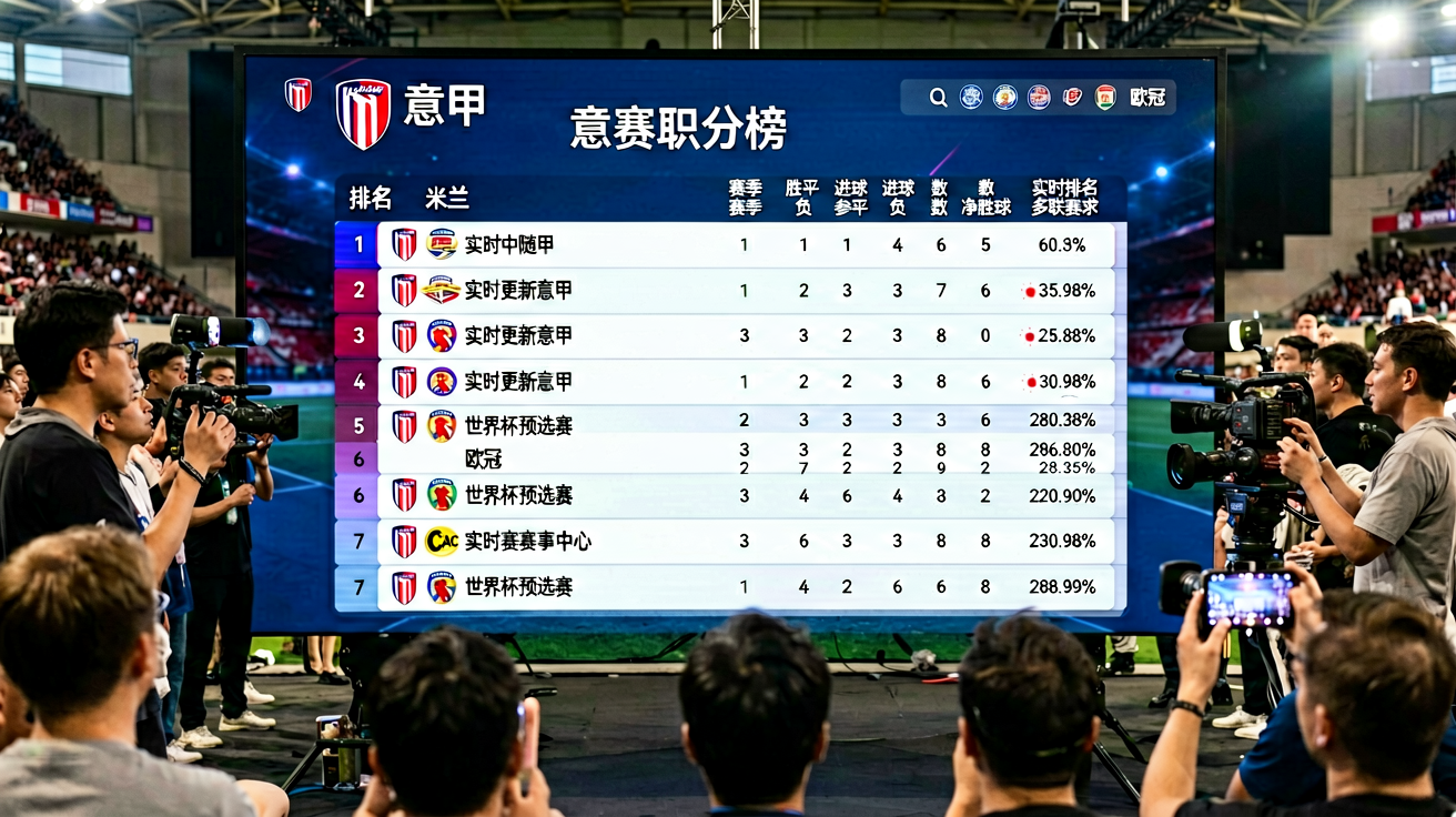 意甲联赛积分榜页面，球队排名与数据统计